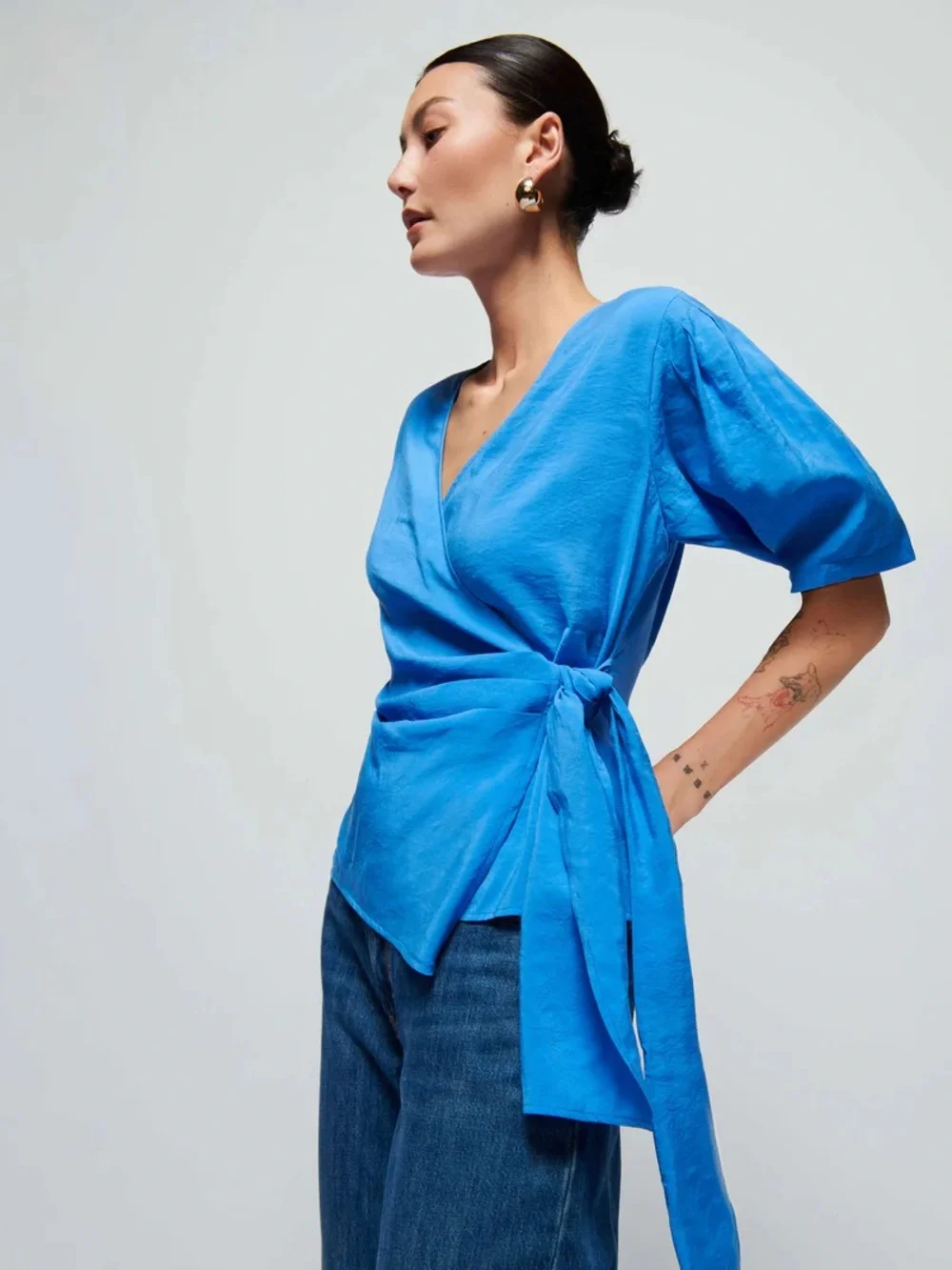Nation LTD Luisa Tie Front Wrap Top Blouse Palace Blue Size 2/M - Picture 4 of 9